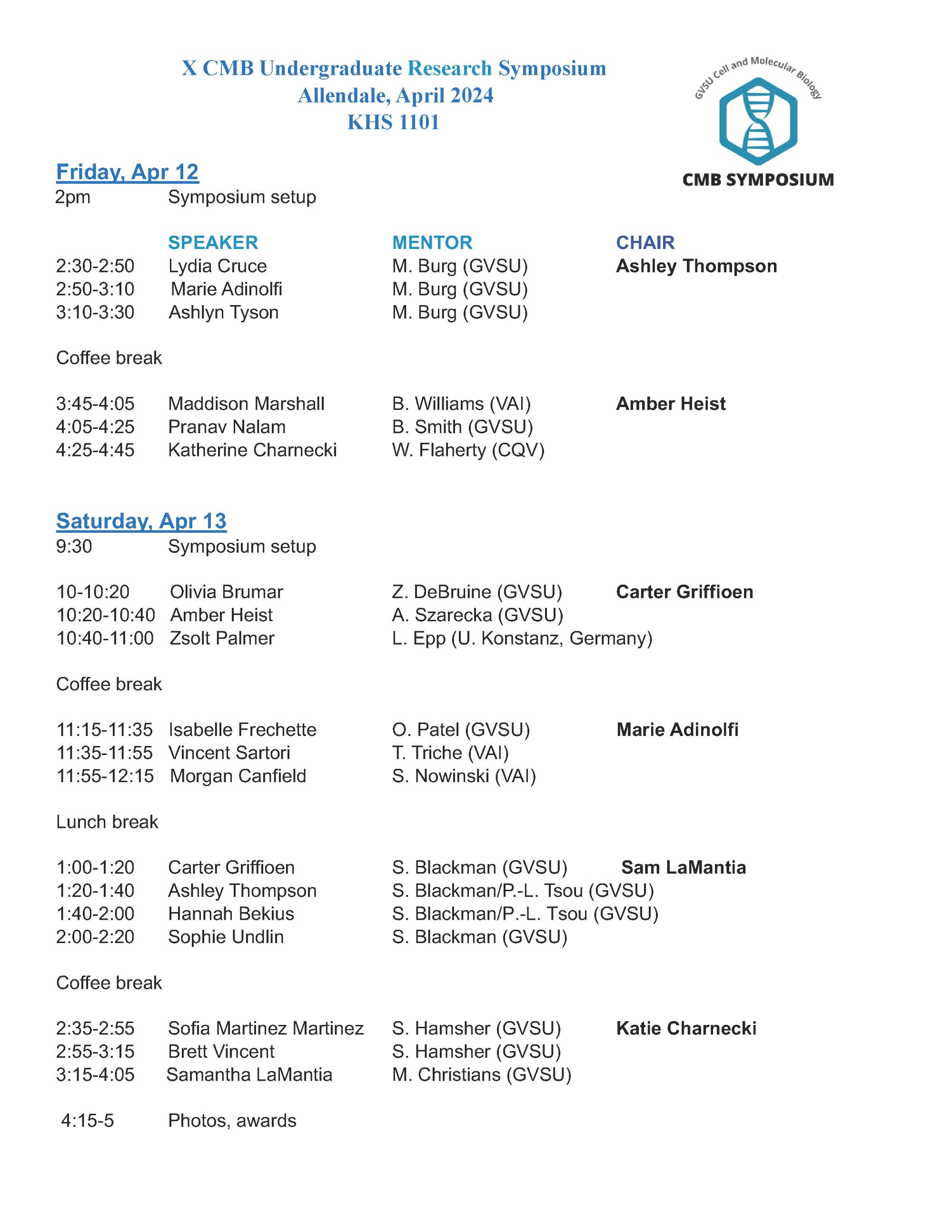 CMB Symposium Schedule of Presenters